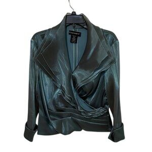 Cachet Blue-Green Dressy Faux Wrap Jacket Blouse Womens Size 12 Party